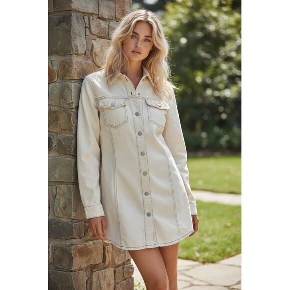 Whiteroom + Cactus Cotton Denim Shirt Dress Beige Snap Button Utility Size M - Picture 2 of 10